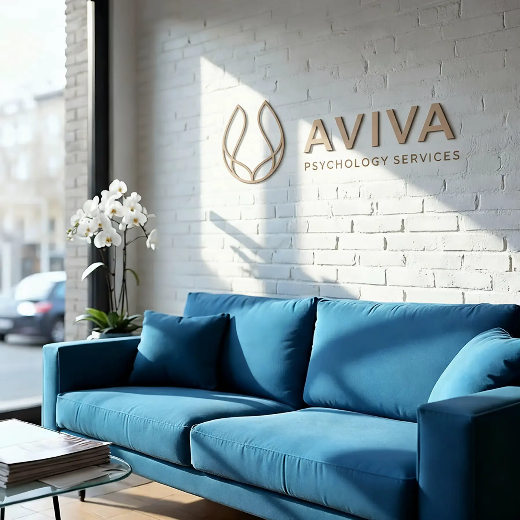 Aviva Psychology: a representational Aviva Psychology lobby featuring the logo wall.