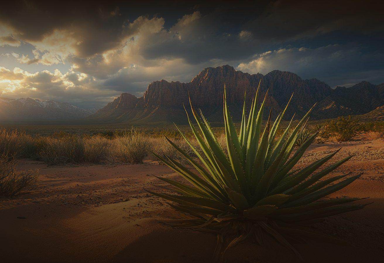 Agave silhouetted against desert mountains at sunset