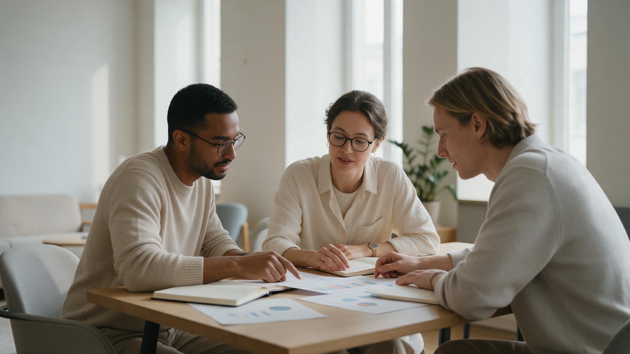 Three colleagues around a meeting table reviewing printed charts and notes together