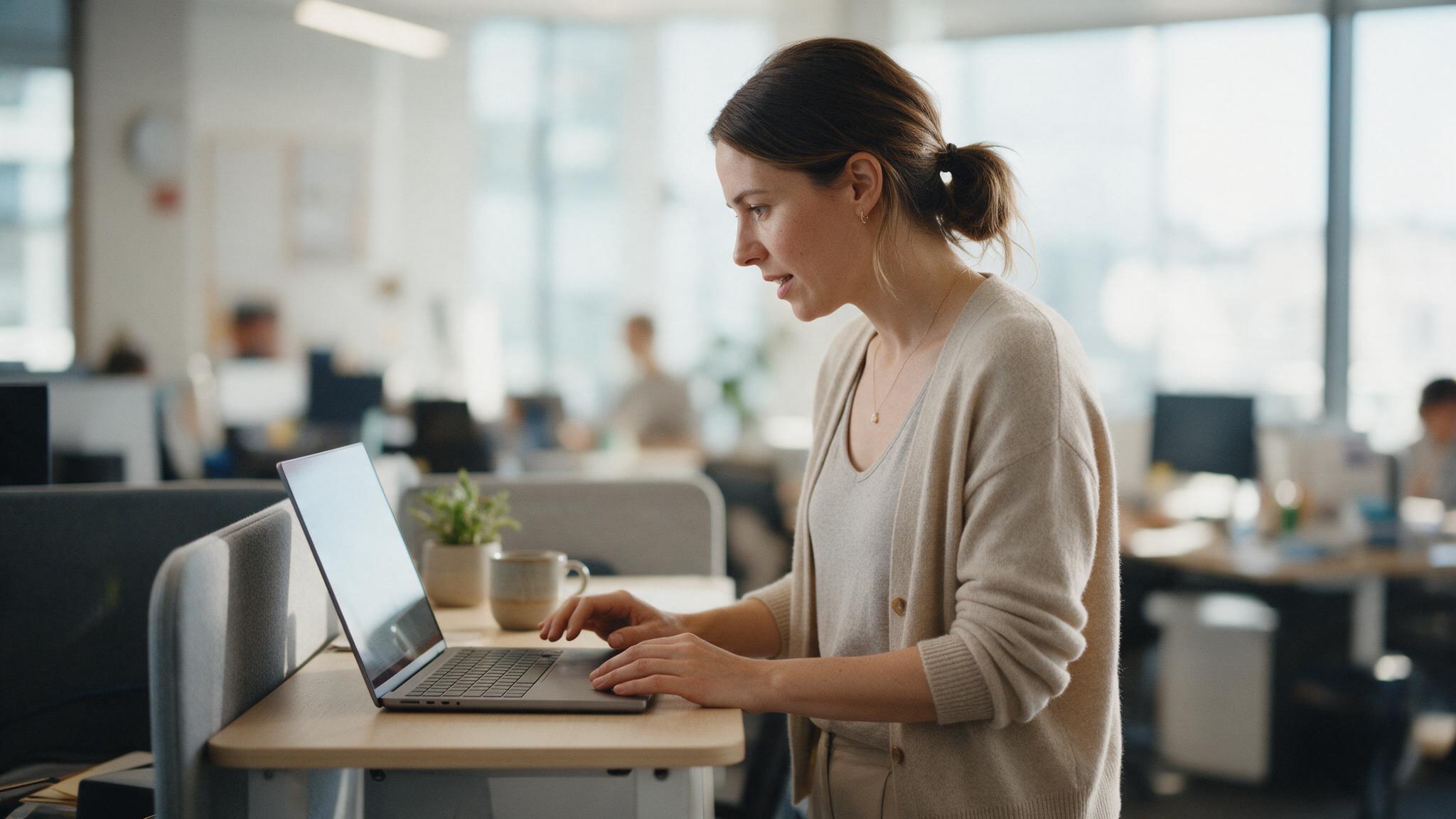 A product manager leaning over a colleague's desk, reviewing a laptop screen together in a bright office