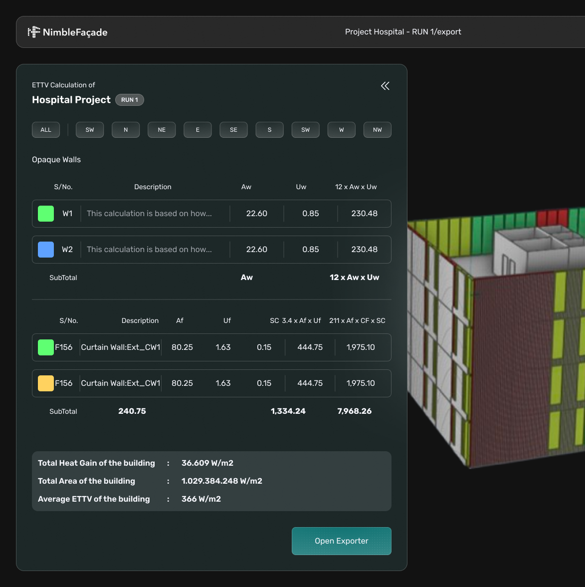 NimbleFaçade generating an ETTV report from a building model