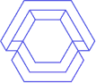 Overlapping translucent hexagons forming a layered geometric shape with blue borders on black background.