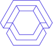 Overlapping translucent hexagons forming a layered geometric shape with blue borders on black background.