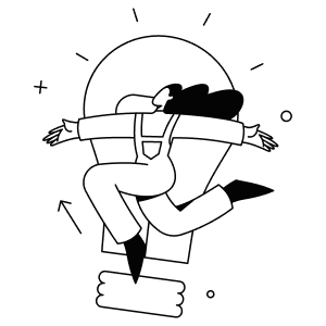 Person jumping in front of a large lightbulb icon representing an idea or inspiration.