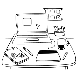 Illustration of a workspace with laptop, notepad, tablet, pencil cup, and coffee cup on a desk.