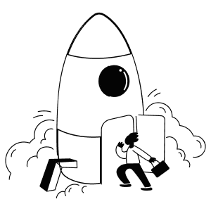 Person opening door of rocket ship with smoke or clouds around its base.