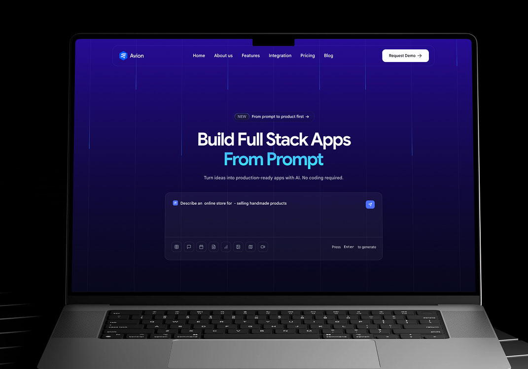 Laptop screen showing a web page for Avion app builder with AI-powered full stack app creation from prompts.