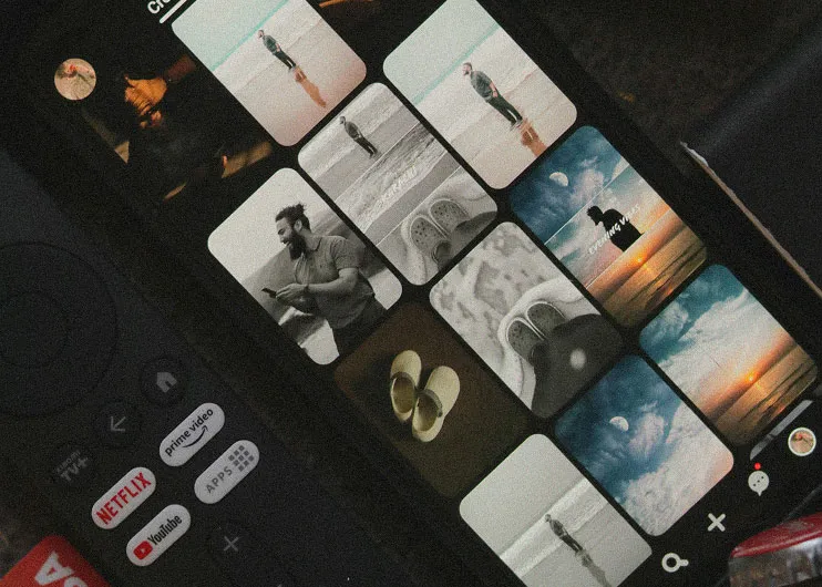 Phone screen shows a photo gallery app with beach, sky, slippers, and sunset pictures in a grid layout.