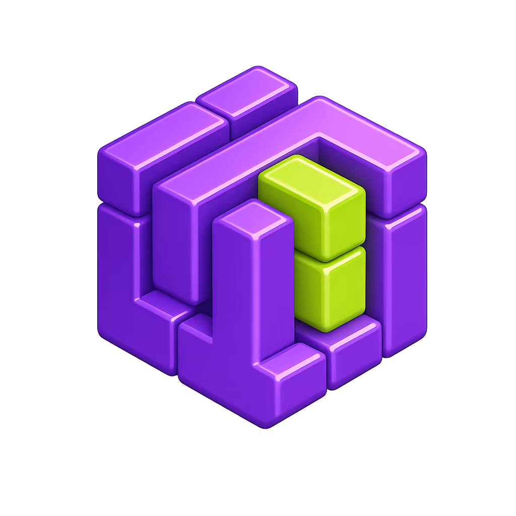 3D Tetris game blocks with black shapes and a green T-shaped piece in transparent background.