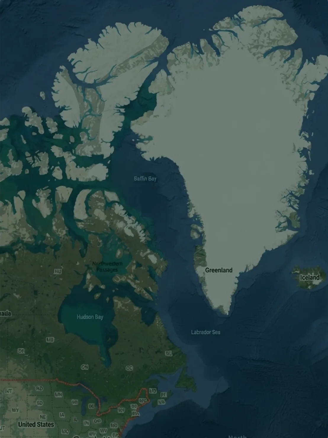 Map showing Greenland, part of Canada, Iceland, Hudson Bay, and surrounding seas.