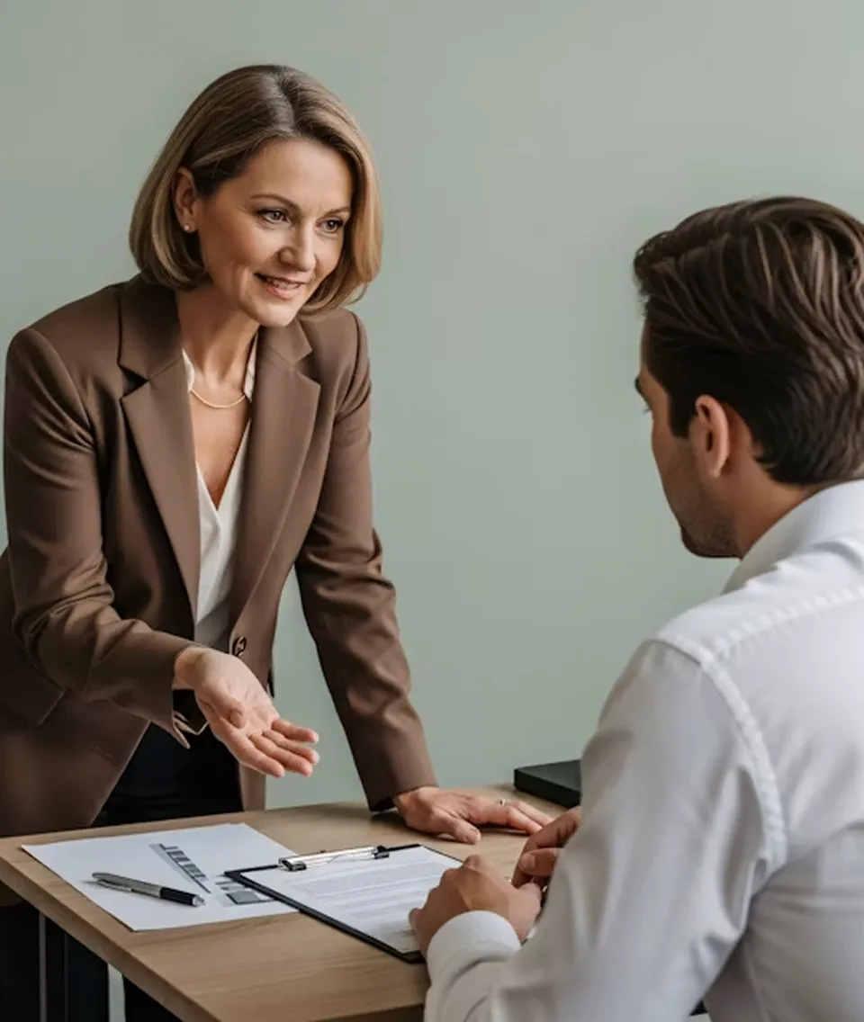 Businesswoman in brown blazer discussing documents with man in white shirt at desk.