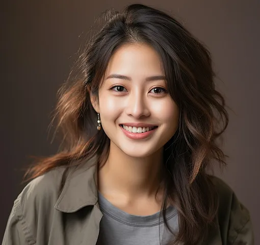 Smiling young woman with long wavy hair wearing a green jacket and pearl earrings.