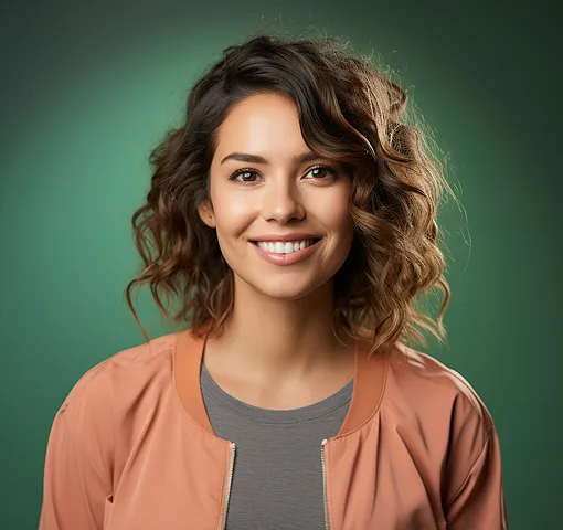 Smiling woman with curly hair wearing a peach jacket and gray shirt on a green background.