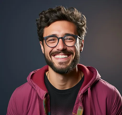 Smiling man with curly hair, beard, glasses, wearing a maroon jacket over a black shirt.