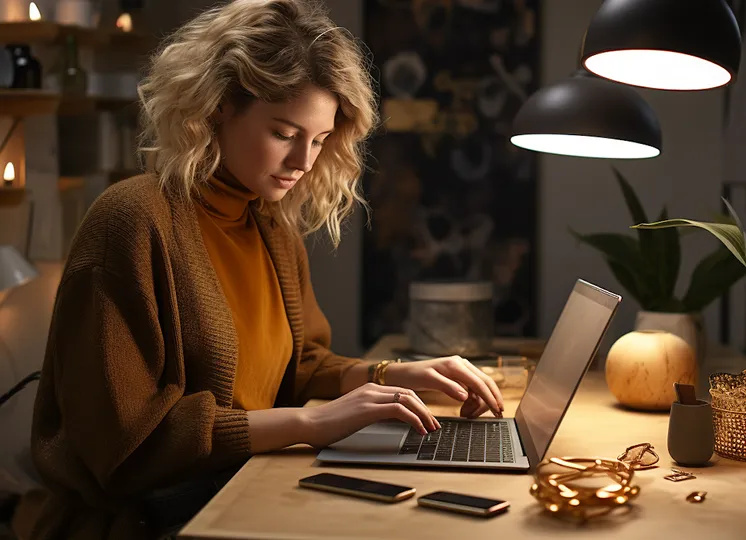 Woman with curly blonde hair typing on laptop at a wooden desk with warm lighting.