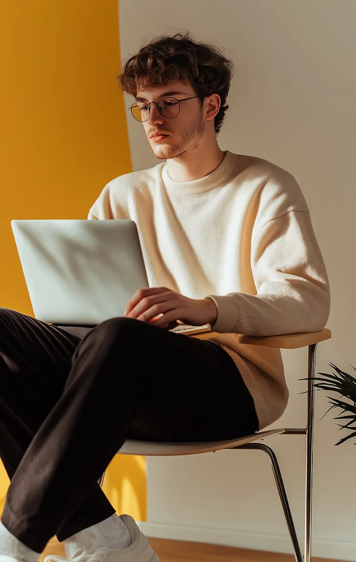 Young man with glasses sitting on chair using a laptop against a yellow and beige wall.