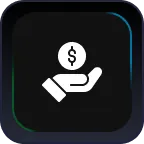 White hand icon holding a coin with a dollar sign on a black rounded square background.