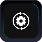 White gear icon with circular arrows indicating process or settings on dark rounded square background.
