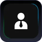 White user profile icon with head and tie on a black rounded square background.