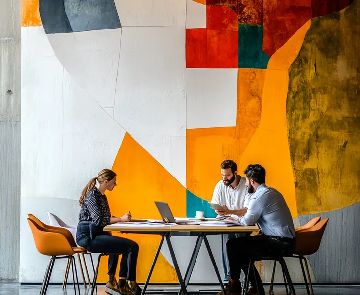 Three people sitting around a table with laptops and papers, discussing in front of an abstract colorful wall.