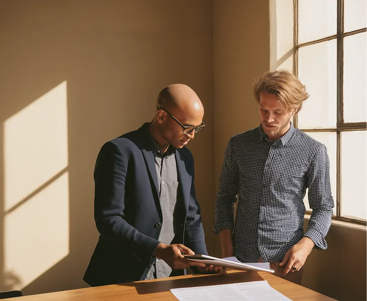 Two men reviewing documents together near a window with sunlight coming through.