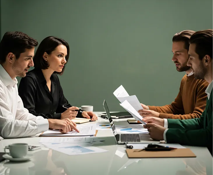 Four professionals in a meeting, reviewing documents and laptops across a white table.