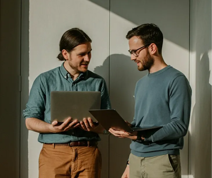Two men standing indoors, each holding a laptop, engaged in a discussion.