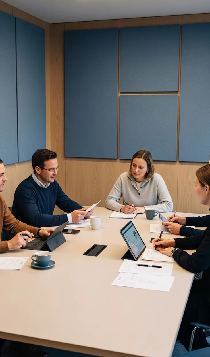 Four people in a meeting room discussing documents and working on tablets around a rectangular table.