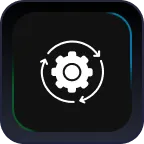 White gear with circular arrows icon symbolizing process or automation on a dark rounded square background.