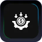 Icon of a gear with a dollar sign and three arrows pointing downwards above it.