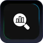 Magnifying glass icon with a bar chart inside on a dark rounded square background.