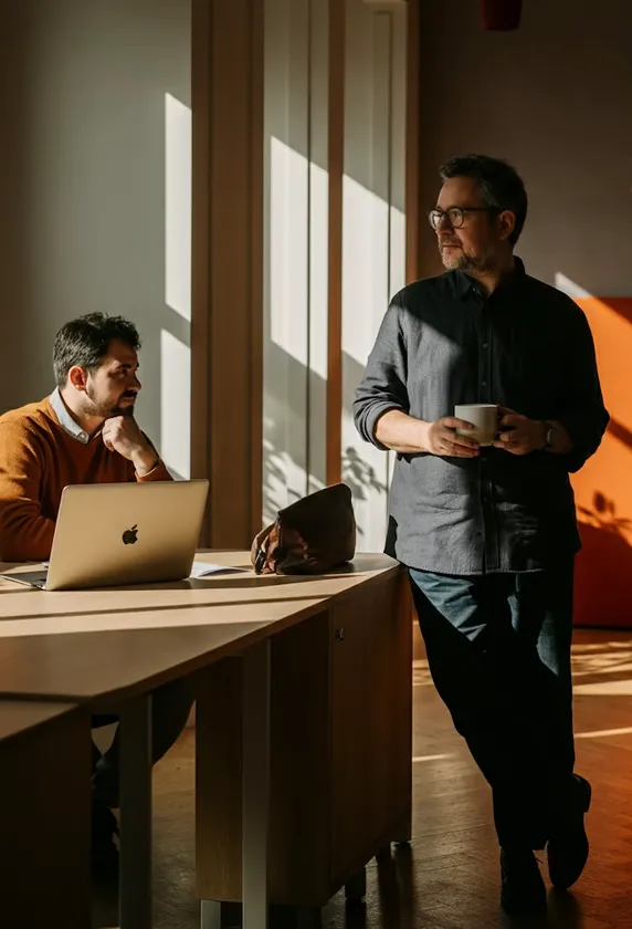 Two men in a sunlit room, one sitting at a desk with a laptop, the other standing with a coffee cup.