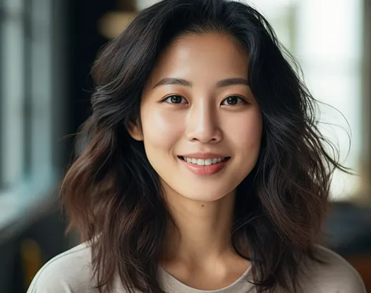 Portrait of a smiling young Asian woman with wavy hair in soft indoor lighting.