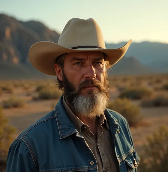 Bearded man wearing a cowboy hat and denim jacket in a desert landscape at sunset.