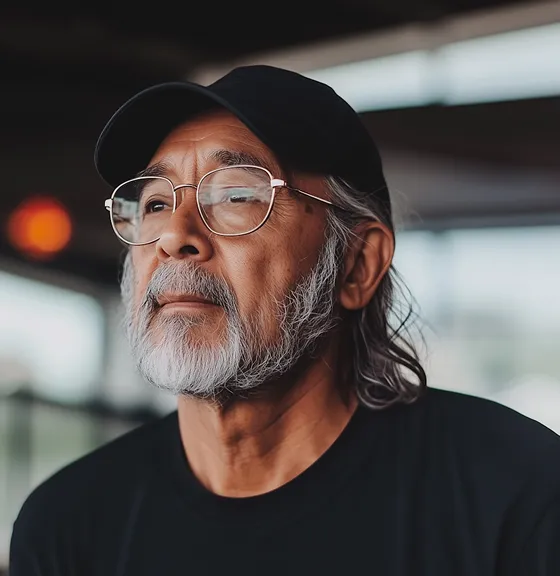 Older man with glasses, gray beard, and long hair wearing a black cap and shirt, looking thoughtful.