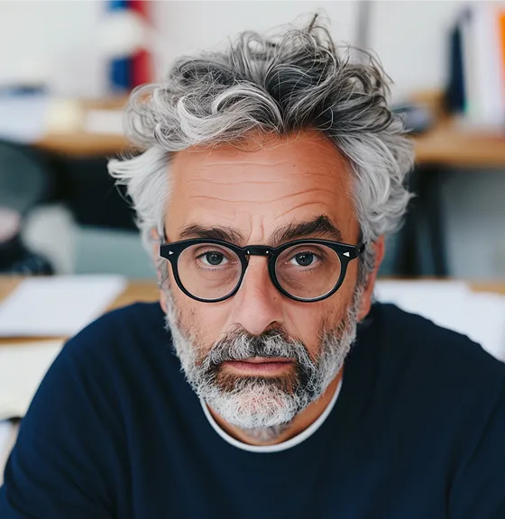 Middle-aged man with gray hair, beard, and black glasses wearing a dark blue shirt looking at the camera.