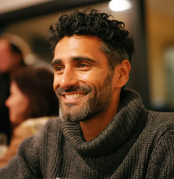 Smiling man with curly dark hair and beard wearing a gray knit turtleneck sweater.
