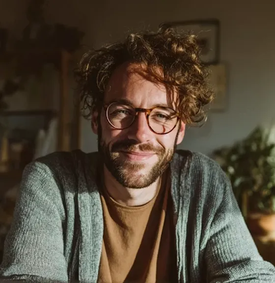 Smiling man with curly hair and glasses wearing a gray cardigan and brown shirt indoors.