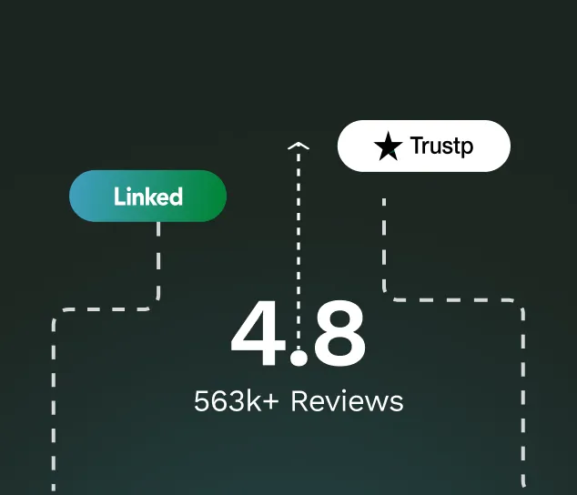 Rating score 4.8 with 563k+ reviews linked to LinkedIn and Trustpilot logos.