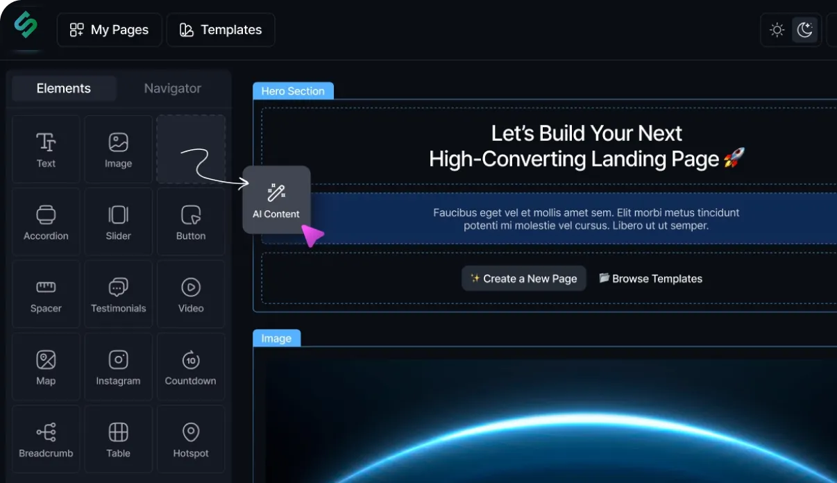 Dark website builder interface showing elements like text, image, AI Content, with hero section and buttons.