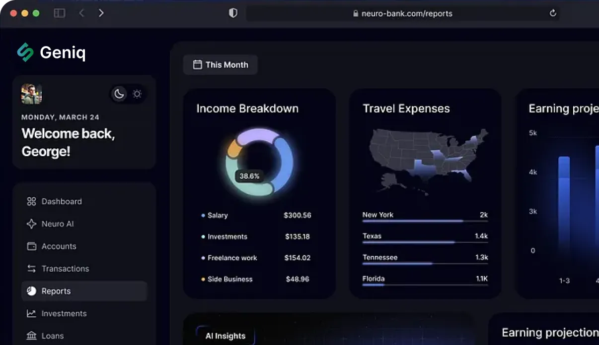 Dashboard showing income breakdown, travel expenses by state, and earnings projections for user George.