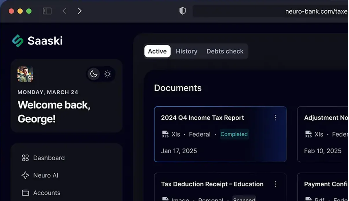 Dark-themed dashboard for Saaski showing documents like 2024 Q4 Income Tax Report marked completed with dates.