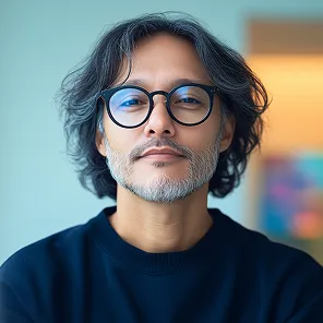 Middle-aged man with glasses, gray beard, and wavy hair wearing a dark sweater, neutral background.