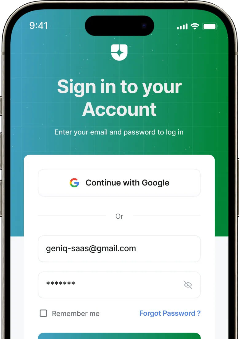 Mobile screen showing sign-in page with email, password fields, Google sign-in, and forgot password link.