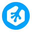 White stylized hand inside a hexagon on a blue circular background.