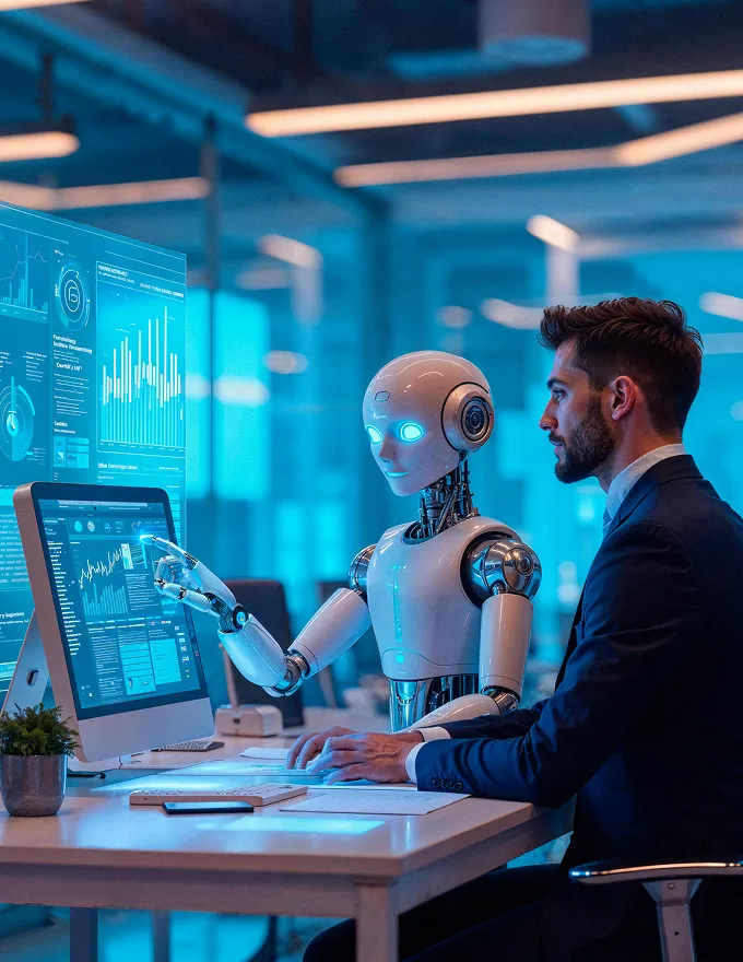 Robot and man in suit analyzing data on computer screens in a futuristic office setting.