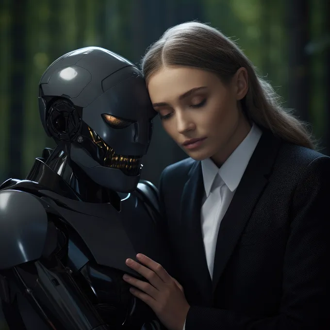 Woman in suit gently rests head on a dark humanoid robot's head in a dim forest setting.