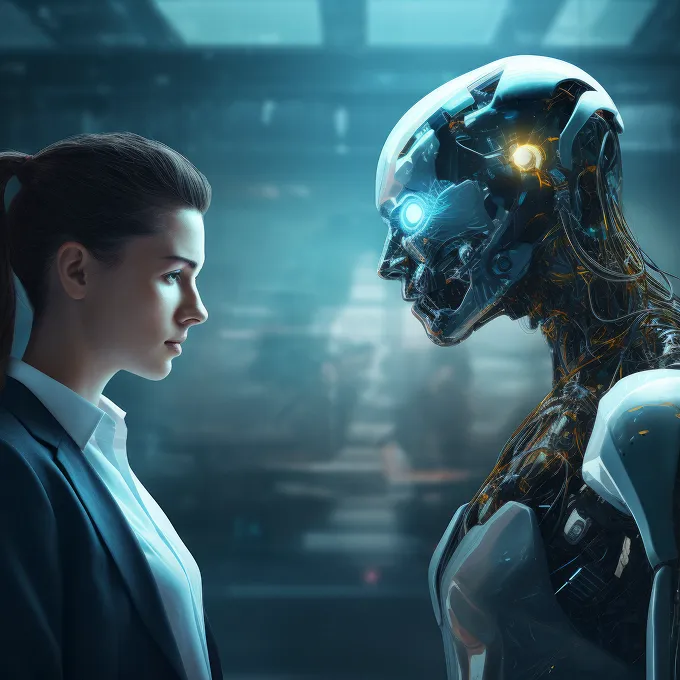 Businesswoman and futuristic robot face each other in a high-tech, dimly lit environment.