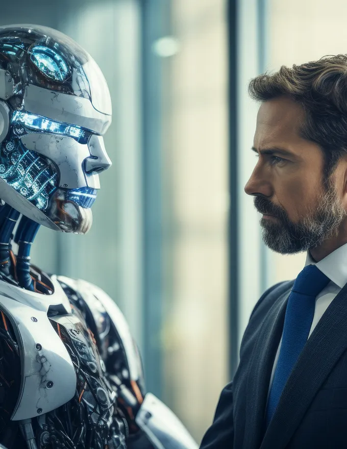 Serious man in suit faces a futuristic humanoid robot in a modern office setting.