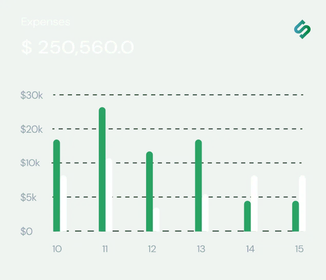 Bar chart showing monthly expenses trend from month 10 to 15, with a highlighted green bar series peaking at over $25k in month 11, alongside a lighter comparison series, and a total expenses figure of $250,560.00 displayed at the top.